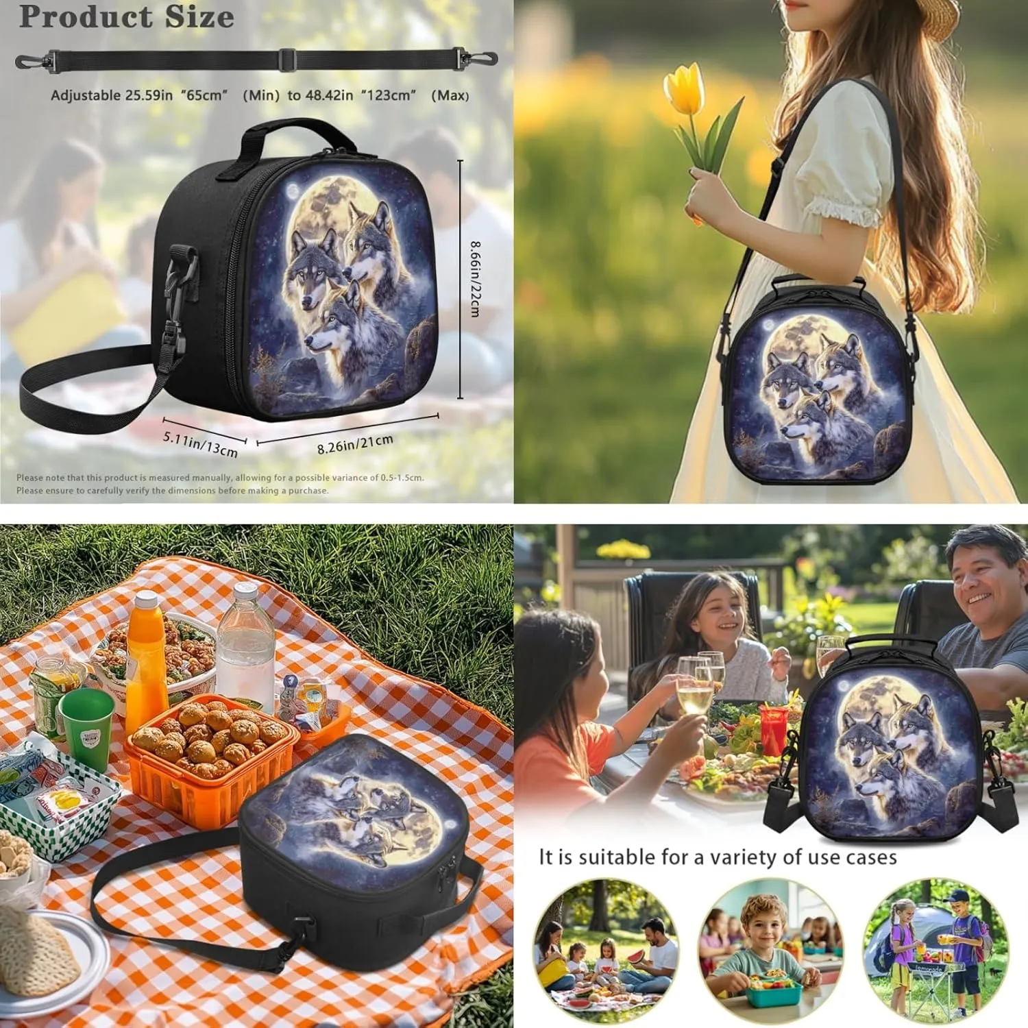 ZFRXIGN Wolf Backpack for School Bookbag with Lunch Bag Zipper Pencil Pouch Elementary School Bag Set 17 Inch Travel Backbag Front Pockets Rucksack Moon Night