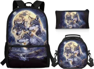 ZFRXIGN Wolf Backpack for School Bookbag with Lunch Bag Zipper Pencil Pouch Elementary School Bag Set 17 Inch Travel Backbag Front Pockets Rucksack Moon Night