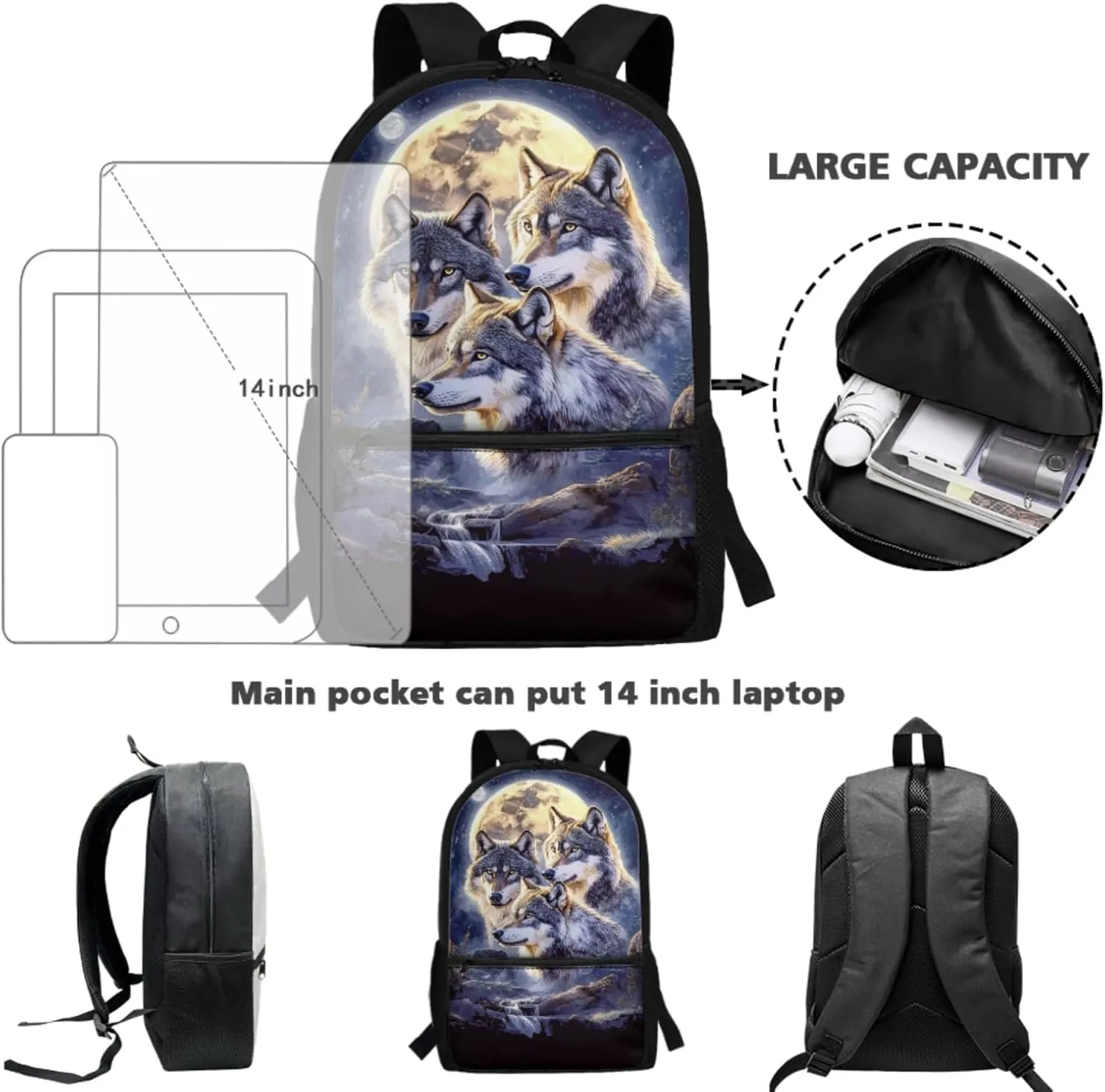 ZFRXIGN Wolf Backpack for School Bookbag with Lunch Bag Zipper Pencil Pouch Elementary School Bag Set 17 Inch Travel Backbag Front Pockets Rucksack Moon Night