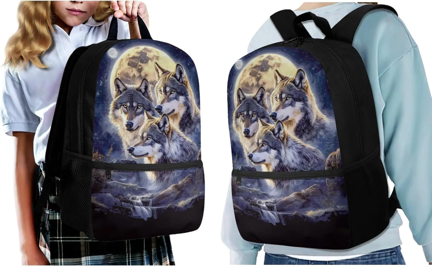 ZFRXIGN Wolf Backpack for School Bookbag with Lunch Bag Zipper Pencil Pouch Elementary School Bag Set 17 Inch Travel Backbag Front Pockets Rucksack Moon Night