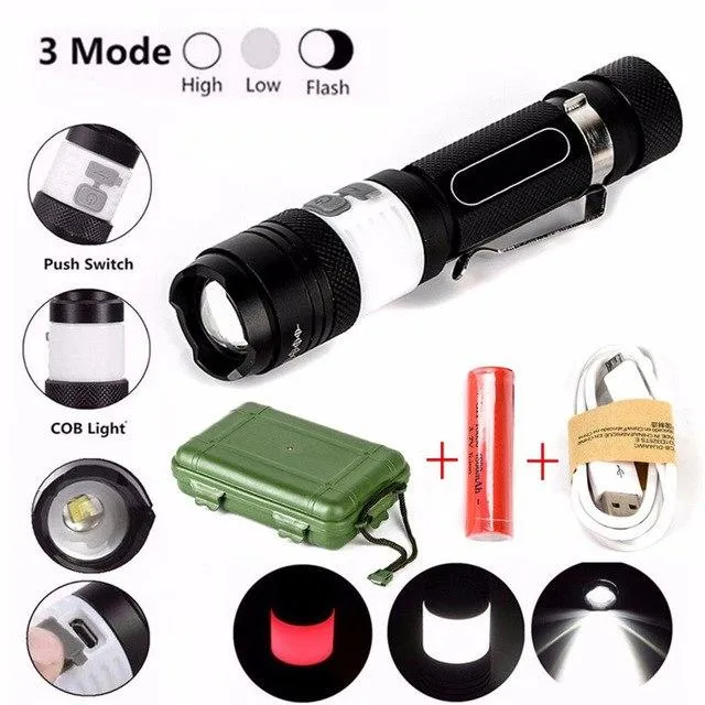 Zoomable 12000LM Flashlight Torch USB Rechargeable T6 COB LED Flashlight 1x18650 Battery USB Cable Box Bicycle Light 40OT16
