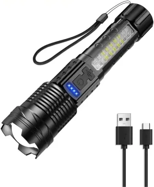 Zoomable Beam LED Flash Light with 7 Light Modes Rechargeable Flashlight high lumens with Clip USB Strong Light for Emergencies Home Camping Hiking