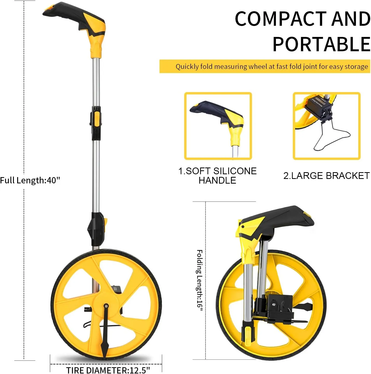 Zozen Measuring Wheel in Feet and Inches, Mechanical/Double Collapsible/One Key to Reset/Kickstand to Keep Stand/Starting Point Arrow and Cloth Carrying Bag, 0-9,999 Ft Measure Wheel.